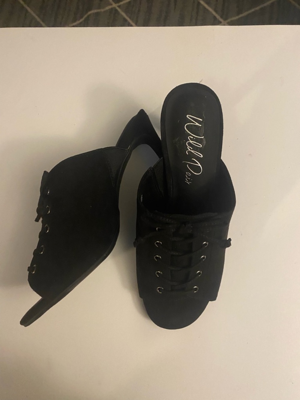 NW  Diva Black Lace-Up Open-Back Mule Heels